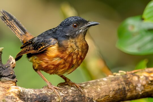 Rustybelted Tapaculo Liosceles thoracicus resting on a branch in the Amazon locally known as Tapaculodecintaferrugnea
