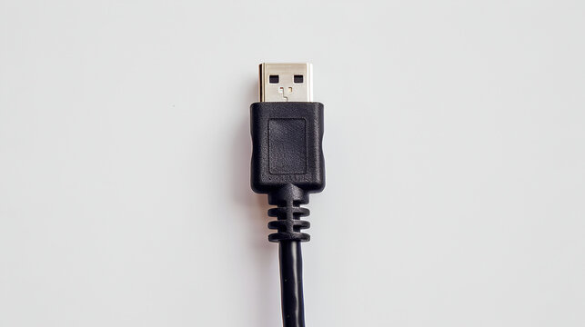 Black Data Cable on white background ,hdmi cable to connect tv, reciever, pc ,High defination hdtv digital interface television hdmi cable ,Universal Serial Bus connectors, cable on white background