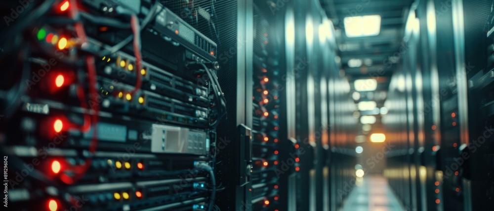 Poster a row of servers in a data center with red lights. ai.