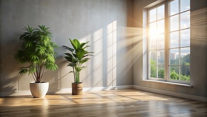 Sun shining through window illuminating empty room with plants