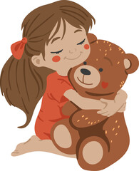 A little girl hugs her plush toy, child silhouette, child illustration, Colorful cartoon characters. Funny vector illustration. Isolated on white