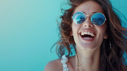 a chic and glamorous girl in sunglasses, laughing and smiling, against a blue background, creating a stylish contrast with the holiday theme