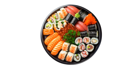Sushi platter with rolls and sashimi on plate isolated on transparent background