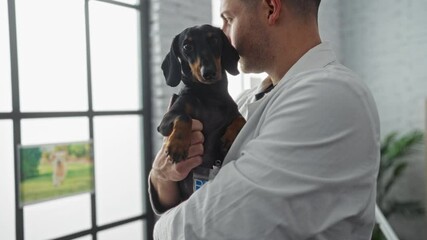 A young hispanic man holds a dachshund puppy in a veterinary clinic, showing a caring interaction between a pet and its owner indoors.