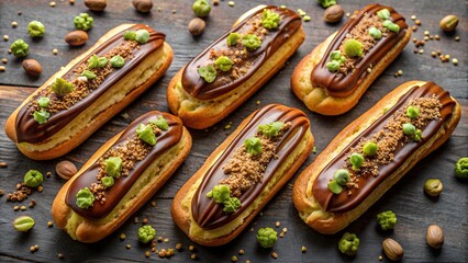 Delicious pistachio eclairs covered with chocolate icing lying on a wooden table
