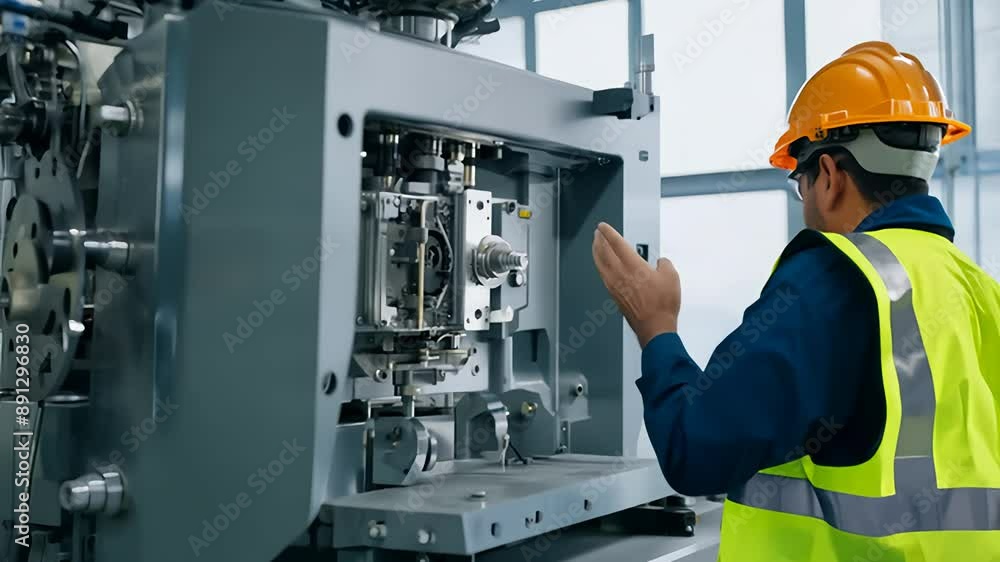 Poster industrial worker inspecting large machine in factory setting