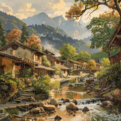 Rustic Charm of a Mountain Village: Vintage Illustration of Traditional Drainage Network with Stone Channels and Wooden Footbridges