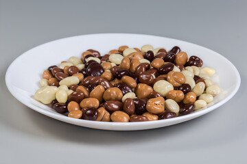 Raisins covered with dark, white and milk chocolate on dish