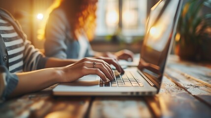 People typing on laptops in a bright office space with plants and wooden desks. Workspace collaboration, remote work, productivity, modern office, teamwork concepts.