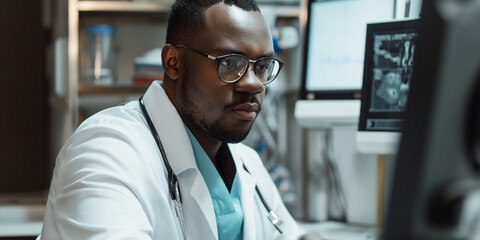 candid shot of black doctor busy at work in hospital