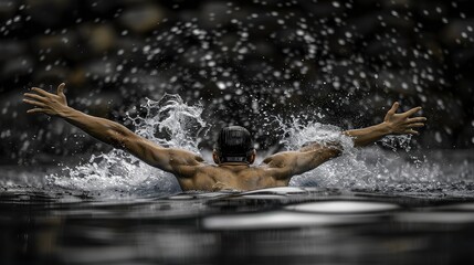  Dynamic Action of Olympic Swimmer Diving into Water, Butterfly Stroke
