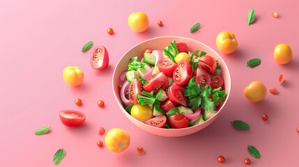 Isometric art of a bowl with vegetable salad, showcasing creativity and ideas flowing, dreamy summer color palette, 3D rendering