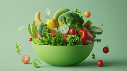 3D rendering of a vegetable salad bowl in isometric art style, with a flow of creativity and a dreamy summer color palette