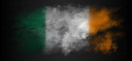 Smoke cloud in the colors of flag of Ireland country. Green, white and orange realistic gradient colorful fog isolated on dark semi transparent background. Good quality vector illustration