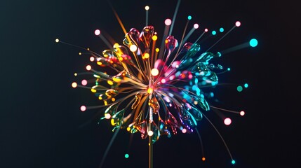 One firework in 3D rendering with gradient translucent glass melt and long antennae, displaying flickering orange, pink, blue, and green radiance, front view, on a black and transparent background,