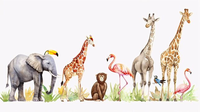 Watercolor illustration of African animals including elephant, monkey, cockatoo, wild parrot, giraffe, and flamingo, isolated on a white background, safari savannah theme