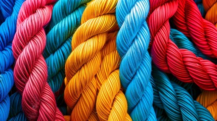 Group of colorful ropes gathered together, symbolizing teamwork and unity, bright and vibrant colors, close-up view