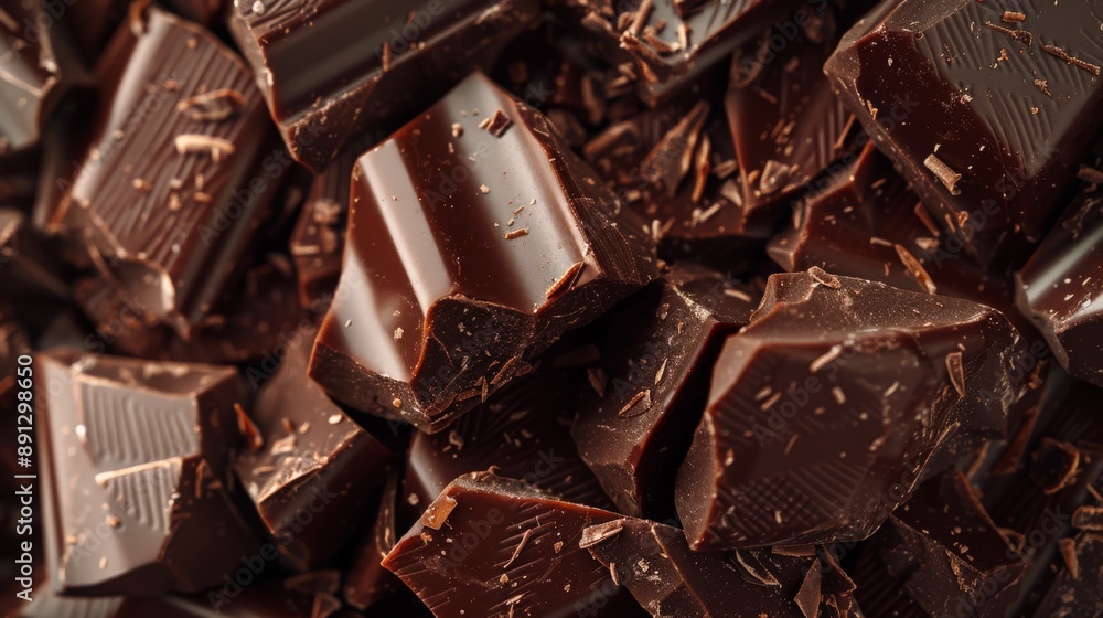Poster pile of dark chocolate pieces with intricate textures. perfect for food backgrounds and dessert conc