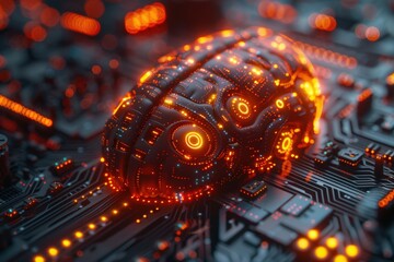 A detailed futuristic scene showcasing a glowing cybernetic brain placed on a circuit board, representing advanced technology and artificial intelligence.
