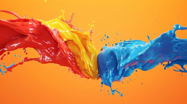 High-resolution 3D render of two colors of paint being poured and intertwining, with a splashy and dynamic effect, solid background, octane rendering