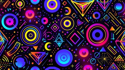 A bold and colorful neon pattern with abstract geometric shapes such as circles, triangles, and squares in vivid colors like purple, blue, orange, pink, and yellow green on a black backdrop, creating