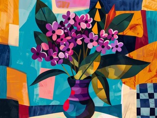 A colorful painting of a vase of flowers with a green stem