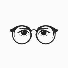 Black and White Minimalist Illustration of Glasses with Eyes on White Background.