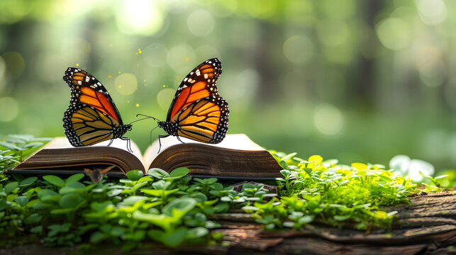The Book of Nature. Horizontal banner with open book and two monarch butterflies on wooden table. - Powered by Adobe
