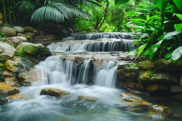 Small waterfall cascading down rocks in lush tropical forest