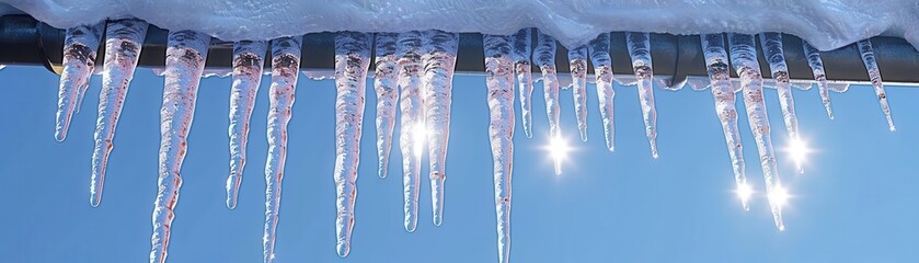 Long icicles with frosty surfaces, hanging from a snow-covered roof, intricate textures, sunlight glistening on ice, photorealistic, serene winter scene