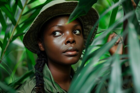 Young female park ranger walking through dense jungle undergrowth