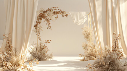 Minimalistic wedding altar with pampas grass and sheer curtains