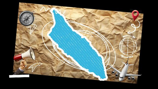 Contemporary art collage of aruba map with black and green screen. crumpled paper background. various elements with travel