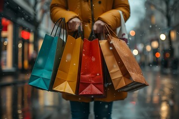 Shopper holding multiple Black Friday shopping bags filled purchases captured with a shallow depthoffield to focus on the bags and the excitement of the day using HDR techniques for depth and vibrancy