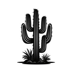 Black and White Silhouette of a Cactus Plant on White Background.