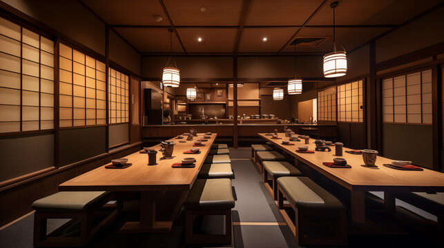 Izakaya tatami room with shoji screens and wood tablef for ten people in warm lighting Japanese pub bar restaurant atmosphere photography style