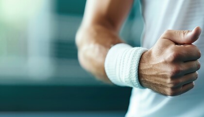 Fototapeta premium Focused close-up of an athlete's clenched fist wearing a wristband, symbolizing determination and strength in sports. 