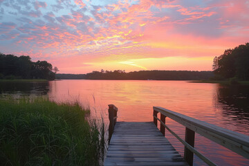 Fototapeta premium A serene sunset over a calm lake pink and orange sky