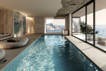 Fototapeta premium Modern indoor swimming pool overlooking the ocean in a luxury villa