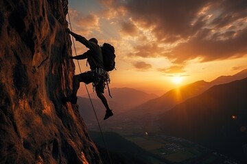 A silhouette of man climbing on rocky mountain on sunset