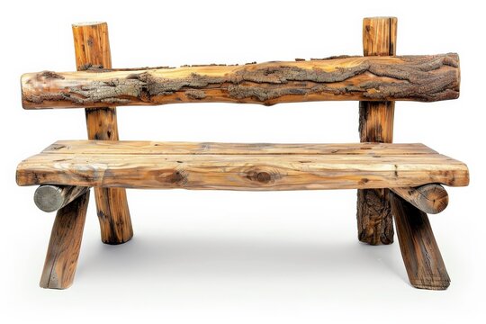 Rustic wooden log bench standing on white background