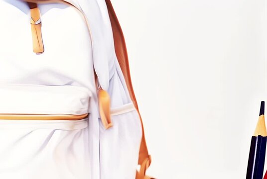 A trendy white backpack filled with stylish school supplies against a white background, back to School