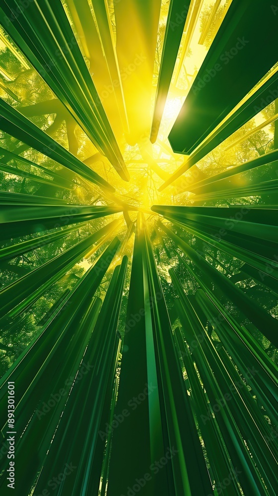 Poster Radiant Green Bamboo Forest with Sunlight Beams