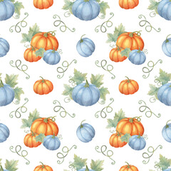 Blue and orange pumpkins with green leaves and vines backdrop. Watercolor seamless pattern great for textile designs, seasonal gift wrap, kitchen towels, and fall-themed party invitations