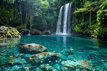 Naklejka premium Turquoise waterfall cascading into a clear blue lagoon in the jungle