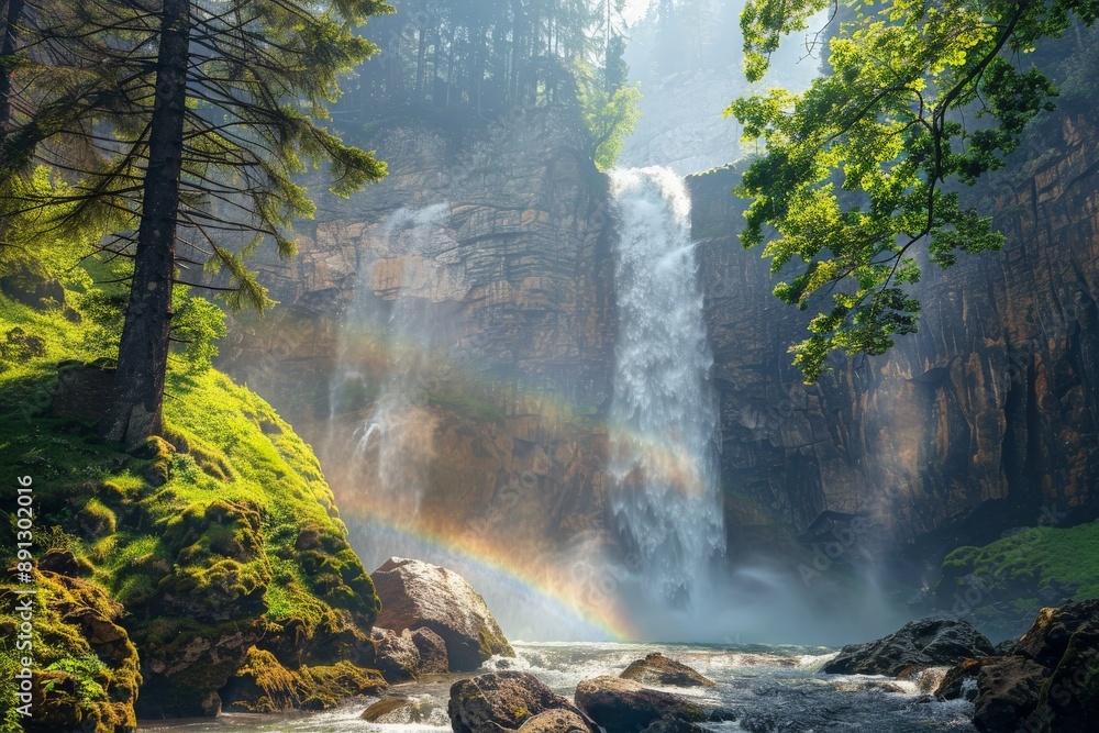Poster Sunlight creating a rainbow over a waterfall in the forest