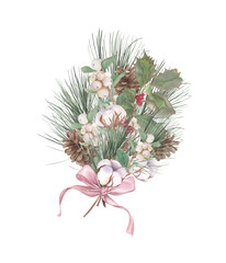 Watercolor Christmas Bouquet with Holly, Pinecones, and Cotton Flowers