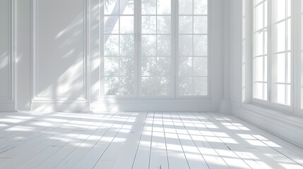 Fototapeta premium A bright white room with a large window, white wooden floor, and soft shadows from the sunlight filtering through the windows. The space is empty of furniture or decorations