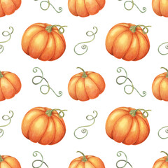 Orange pumpkins and green vines backdrop clipart. Watercolor seamless pattern for use in home decor, event invitations, themed merchandise, and seasonal tableware.