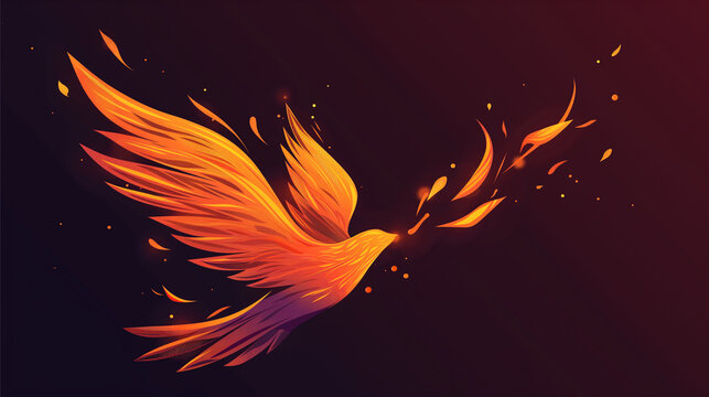 A captivating abstract image of a fiery phoenix with vibrant, flame-like feathers, soaring against a dark background, symbolizing themes of rebirth, strength, and transformation, glowing with powerfu
